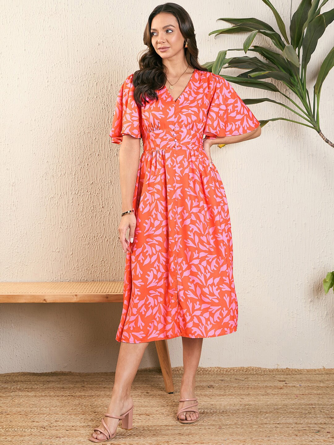 

Kibo Floral Printef Flared Sleeve Crepe Empire Dress, Orange