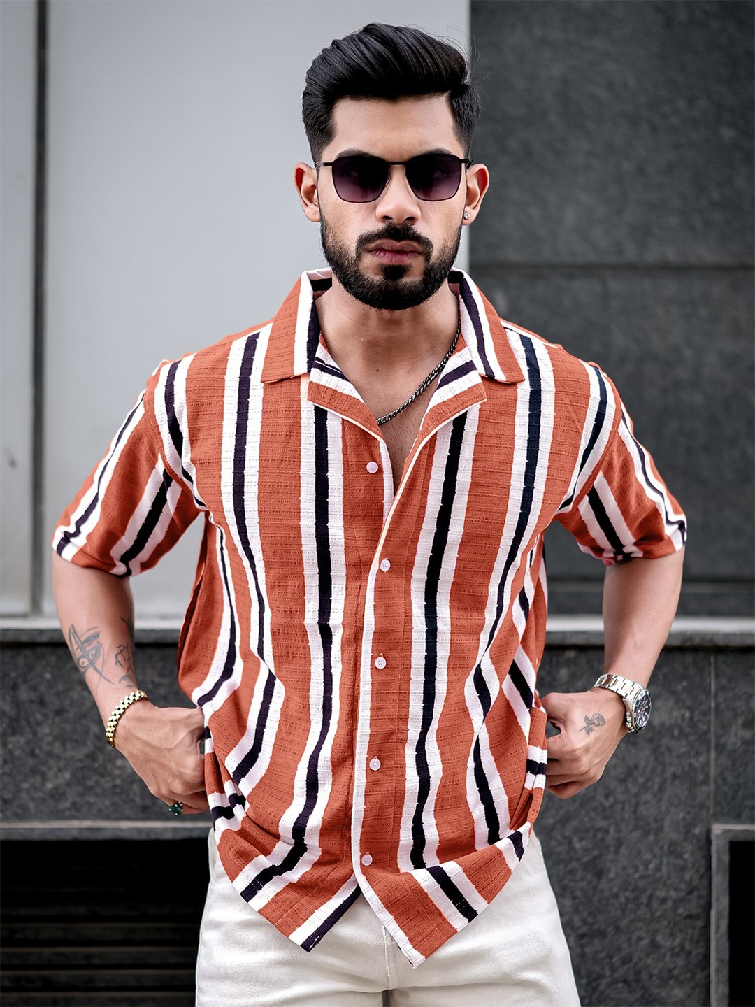 

Maniac Comfort Cuban Collar Opaque Self Design Casual Shirt, Rust