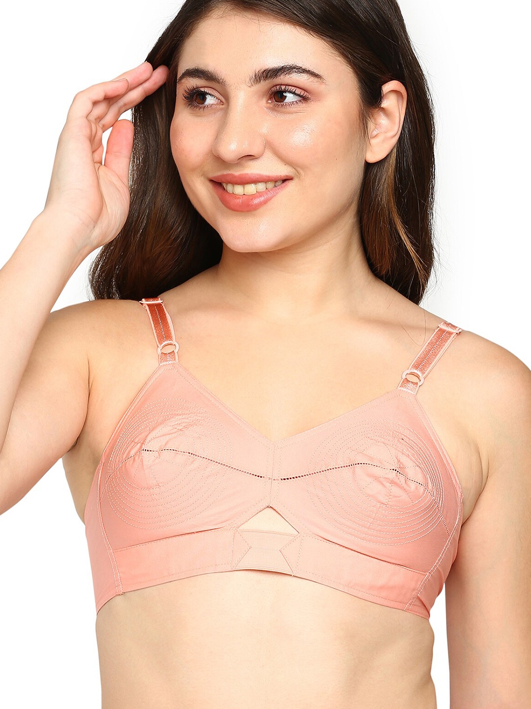 

BLOSSOM Woven Cotton Round Stitched Bra_PRIYASAJINI, Peach