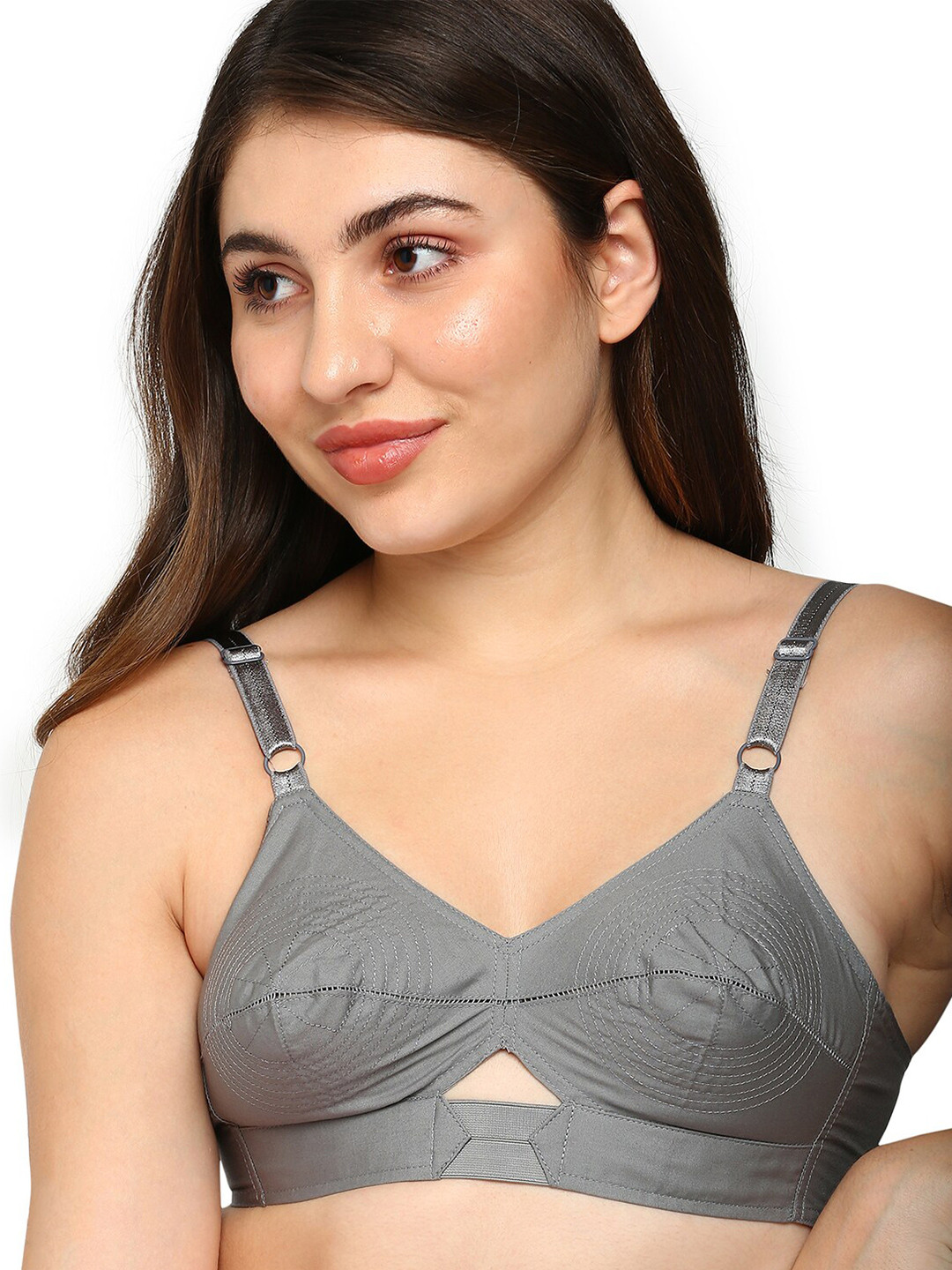 

BLOSSOM Woven Cotton Round Stitched Bra_PRIYASAJINI, Grey