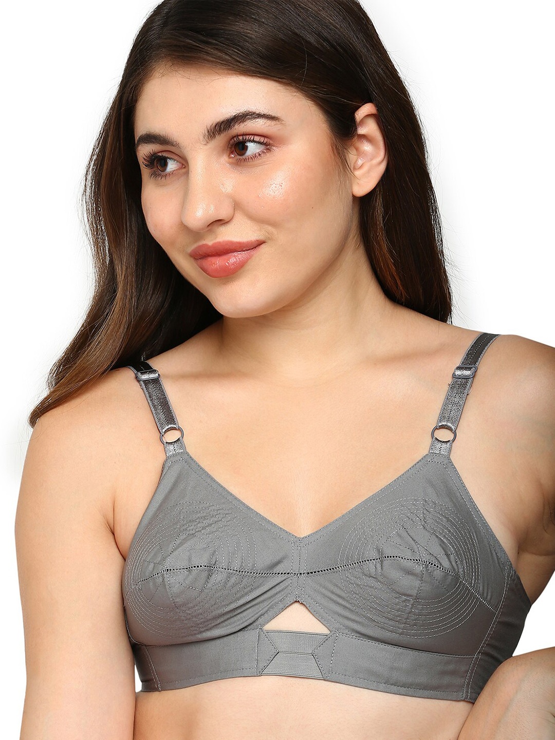 

BLOSSOM Woven Cotton Round Stitched Bra_PRIYASAJINI, Grey