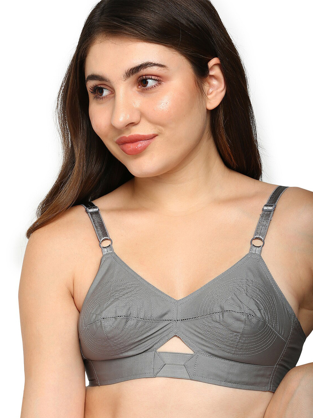 

BLOSSOM Woven Cotton Round Stitched Bra_PRIYASAJINI, Grey
