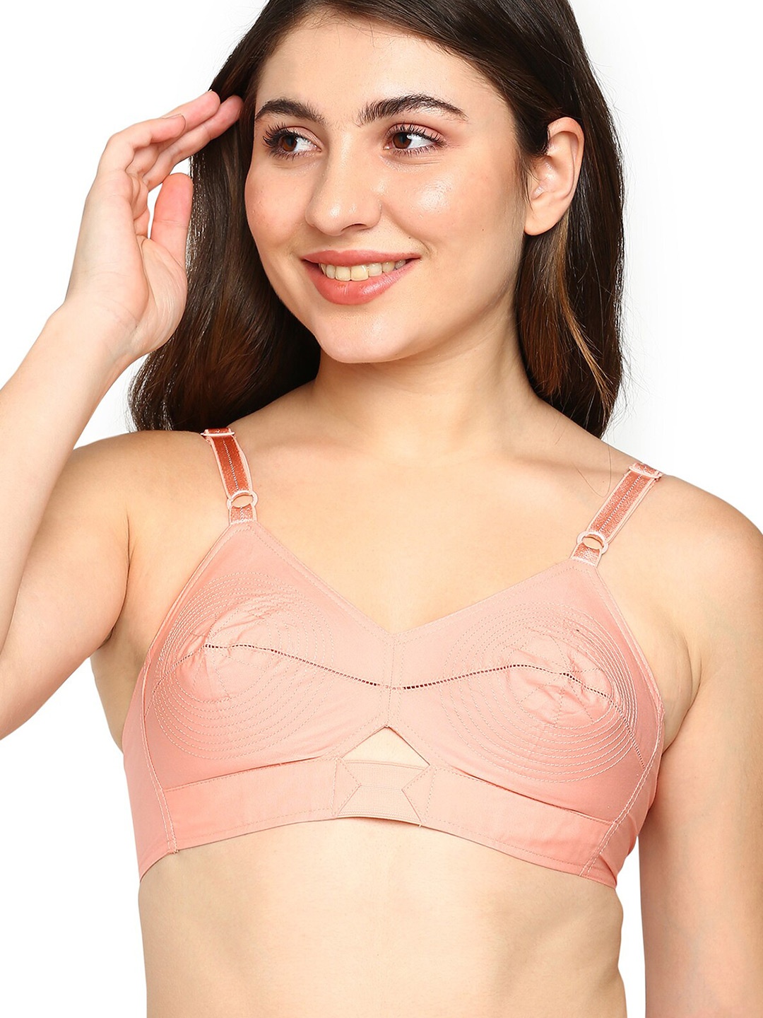 

BLOSSOM Woven Cotton Round Stitched Bra_PRIYASAJINI, Peach