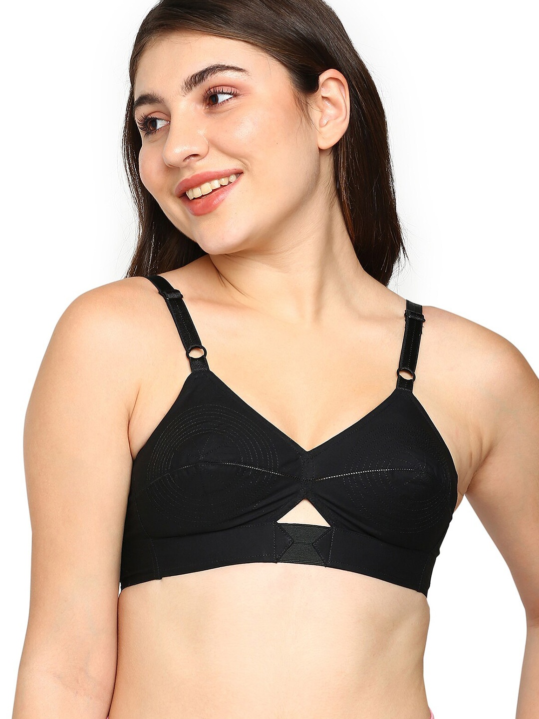 

BLOSSOM Woven Cotton Round Stitched Bra_PRIYASAJINI, Black