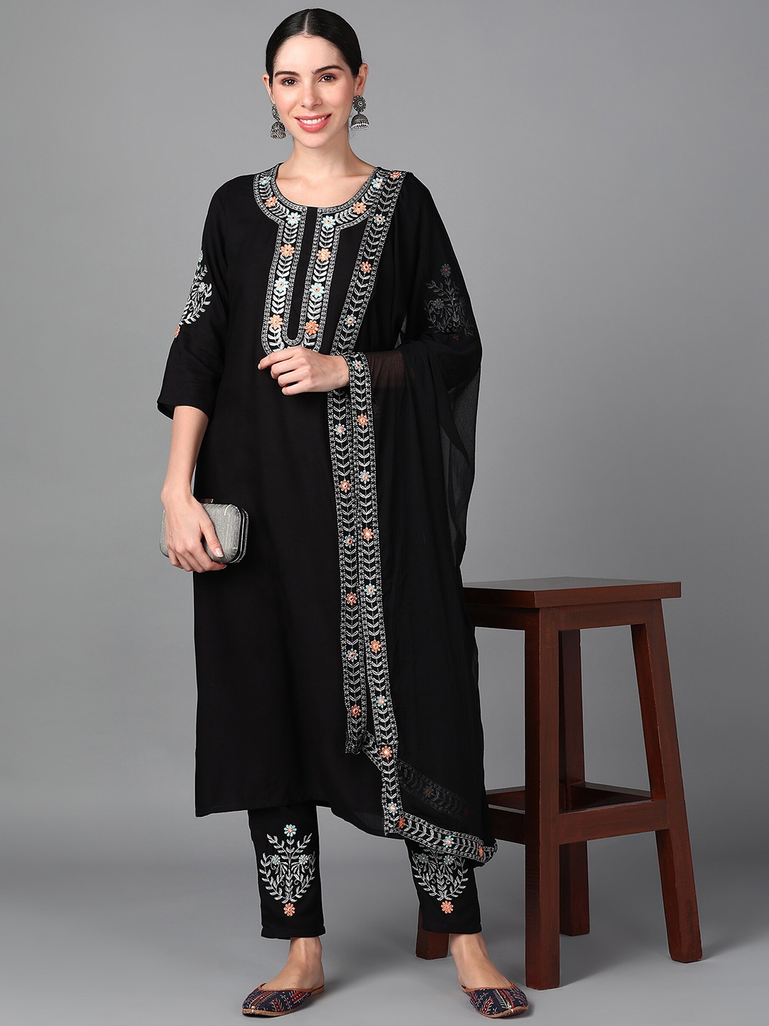 

ASHRU Women Floral Embroidered Regular Mirror Work Kurta with Trousers & With Dupatta, Black