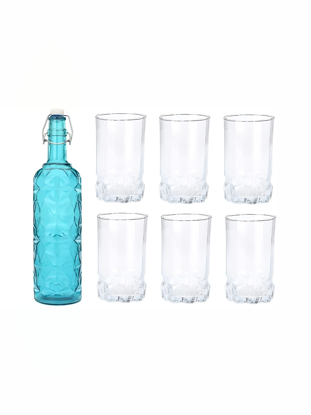 

1ST TIME Blue & Transparent 7Pcs Glass Easy to Handle Bottle & Glasses Set