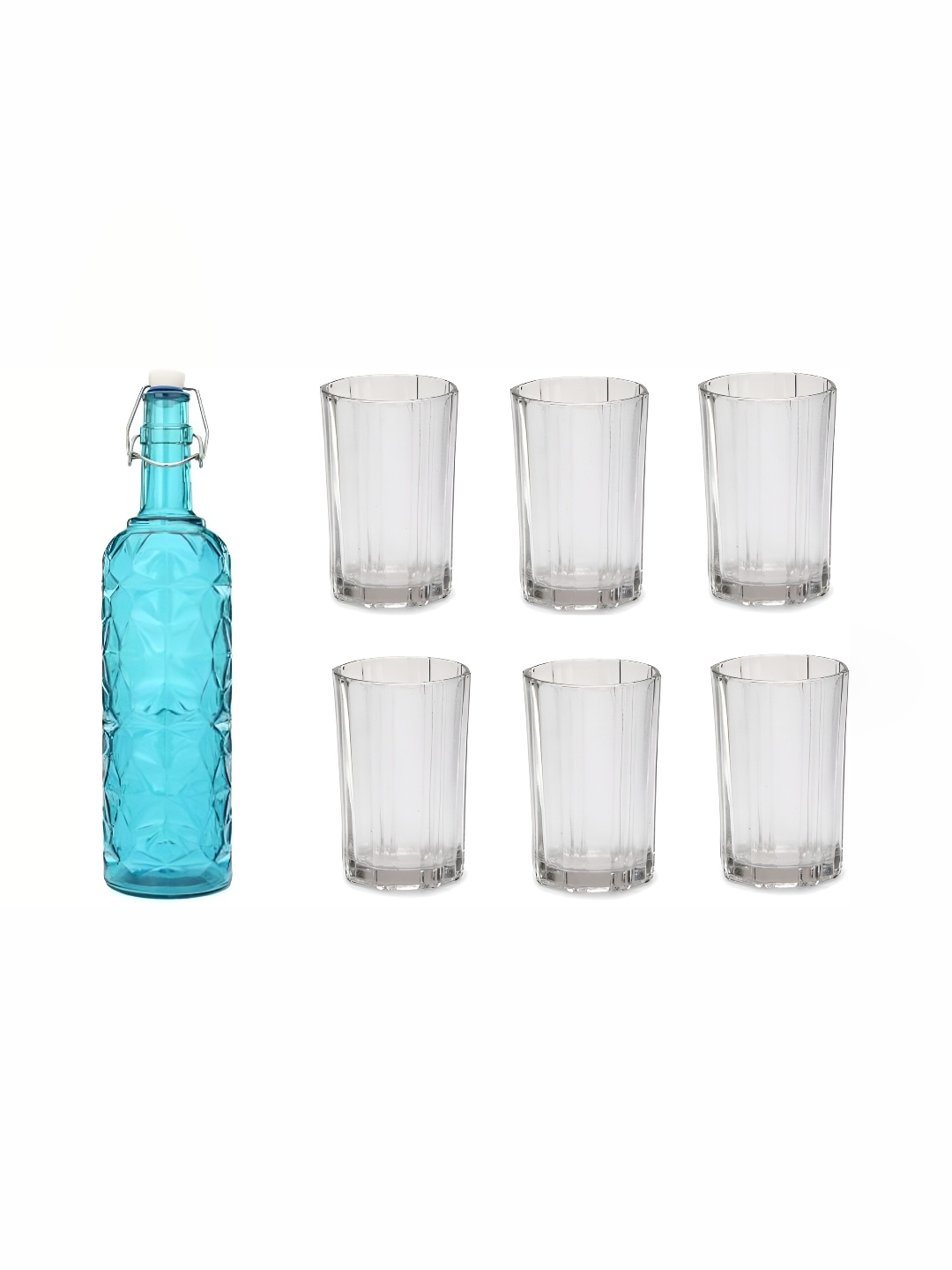 

1ST TIME Blue & Transparent 7Pcs Glass Easy to Handle Bottle & Glasses Set