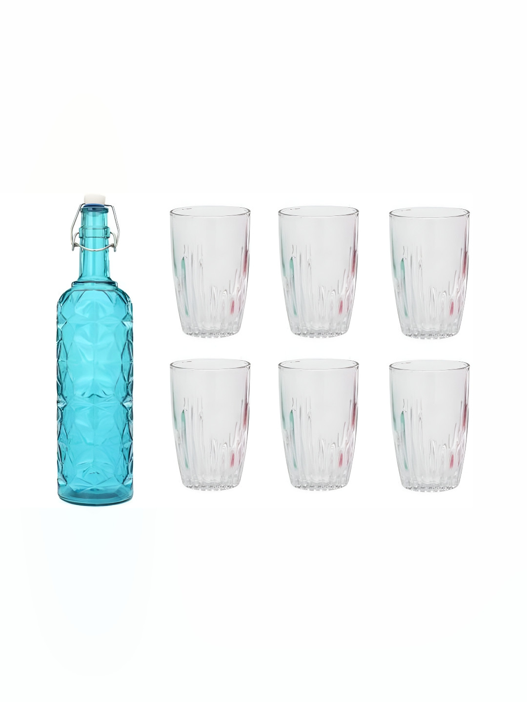 

1ST TIME Blue & Transparent 7Pcs Glass Easy to Handle Bottle & Glasses Set
