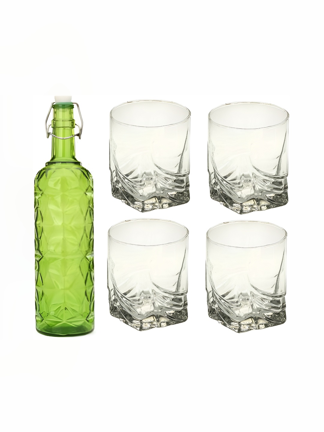 

1ST TIME Green & Transparent Water Bottle With 4 Pieces Glass