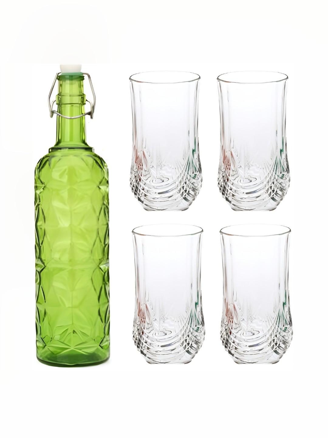 

1ST TIME Green & Transparent Water Bottle With 4 Pieces Glass