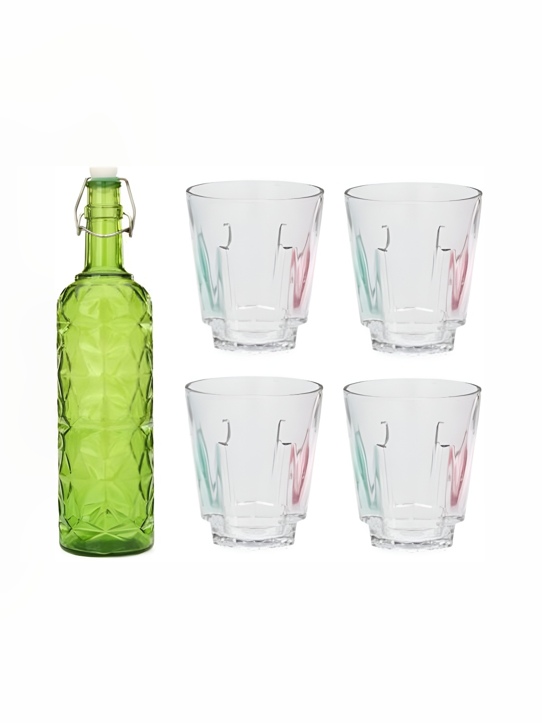 

1ST TIME Green & Transparent Water Bottle With 4 Pieces Glass
