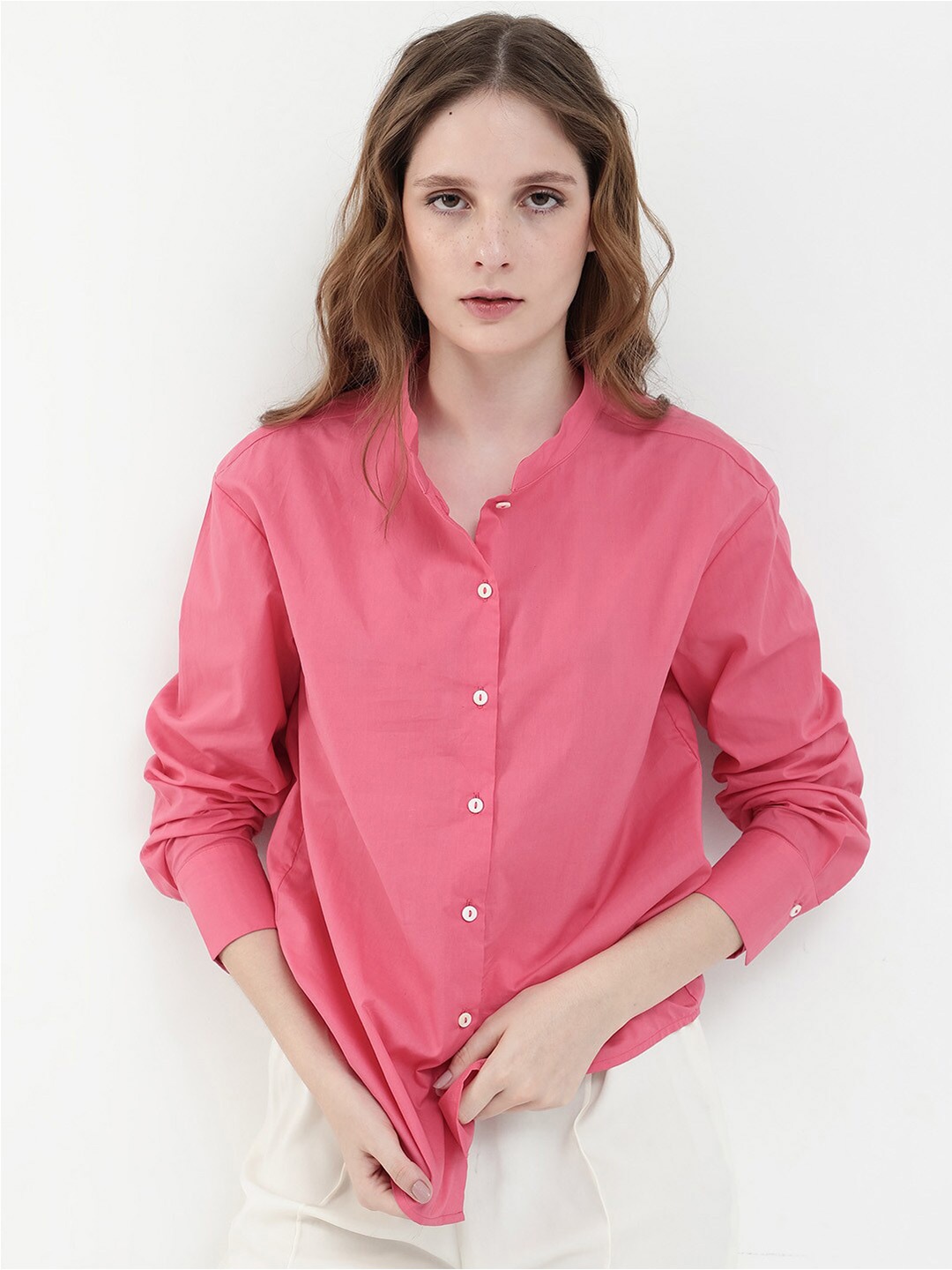 

RAREISM Aytac Mandarin Collar Cuffed Sleeves Cotton Top, Pink