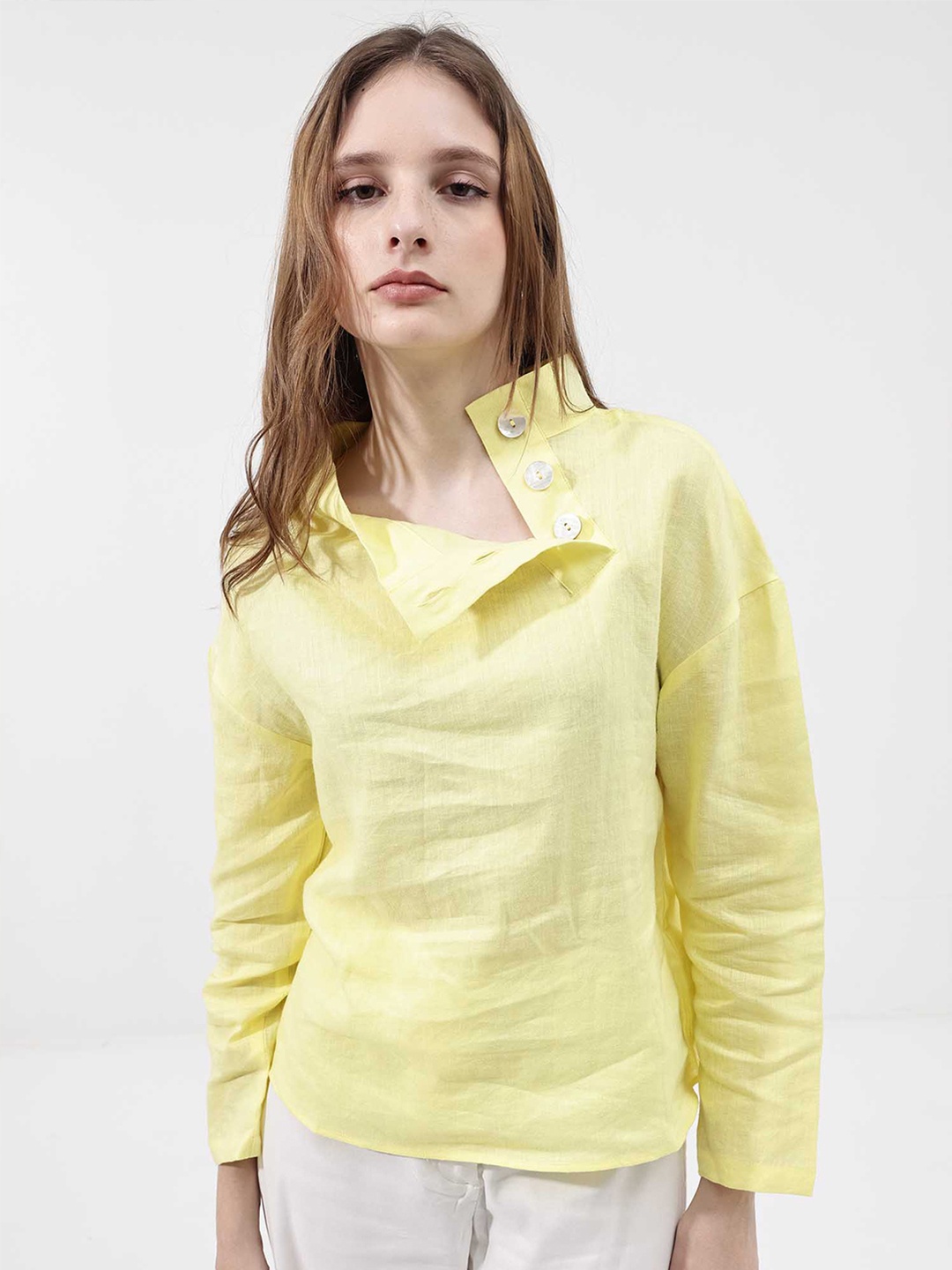 

RAREISM Linen Mandarin Collar Long Sleeves Opaque Casual Top, Yellow