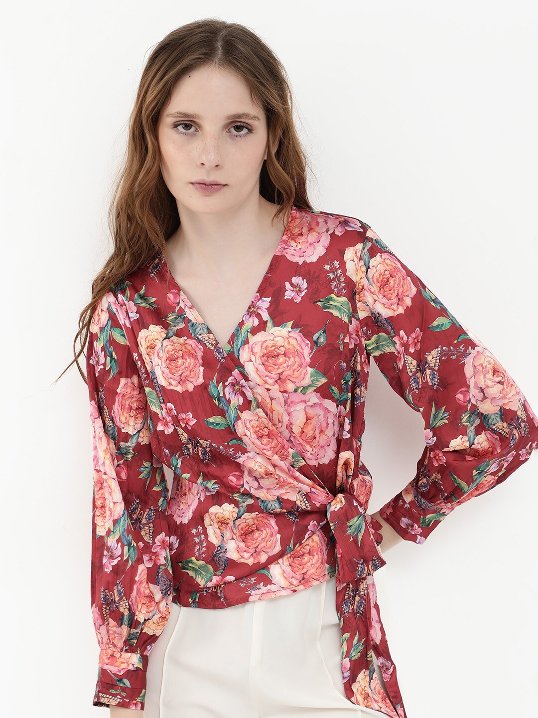 

RAREISM Lonna Floral Print V-Neck Wrap Top, Red