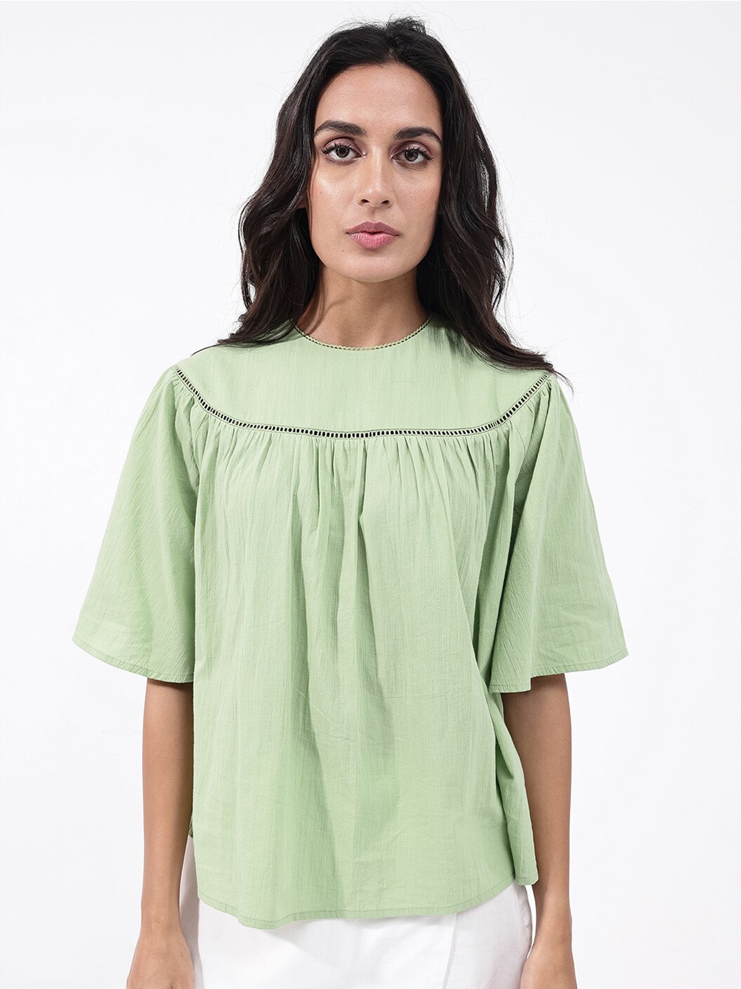 

RAREISM Tonala Round Neck Flared Sleeves Cotton Top, Green