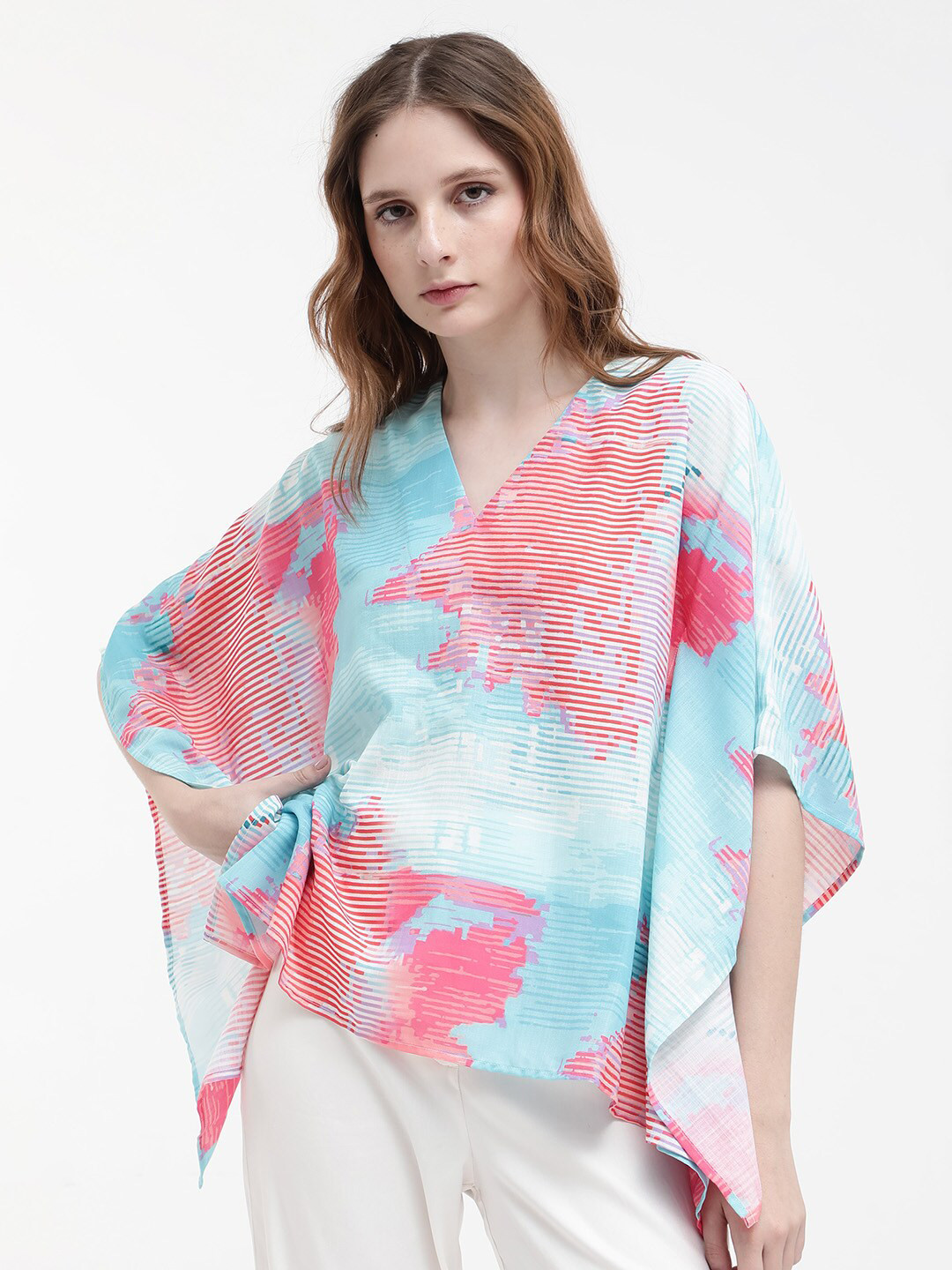 

RAREISM Arial Abstract Print Extended Sleeves Linen Kaftan Top, Blue