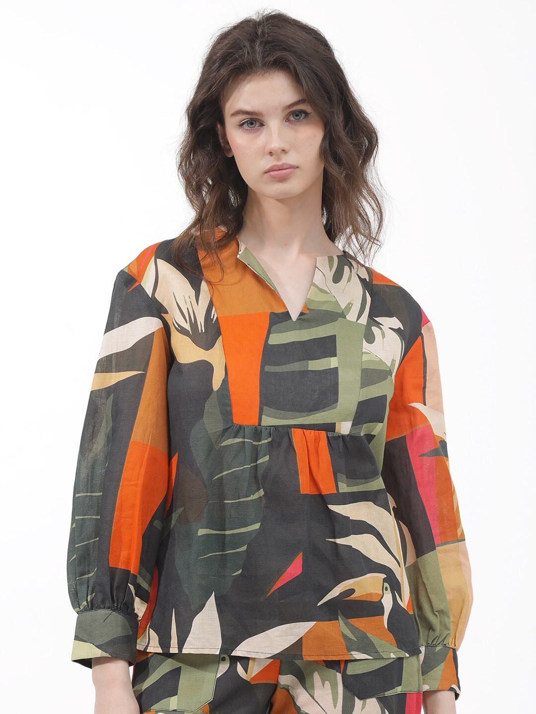 

RAREISM Agenia-t Abstract Print Puff Sleeves Linen Top, Orange