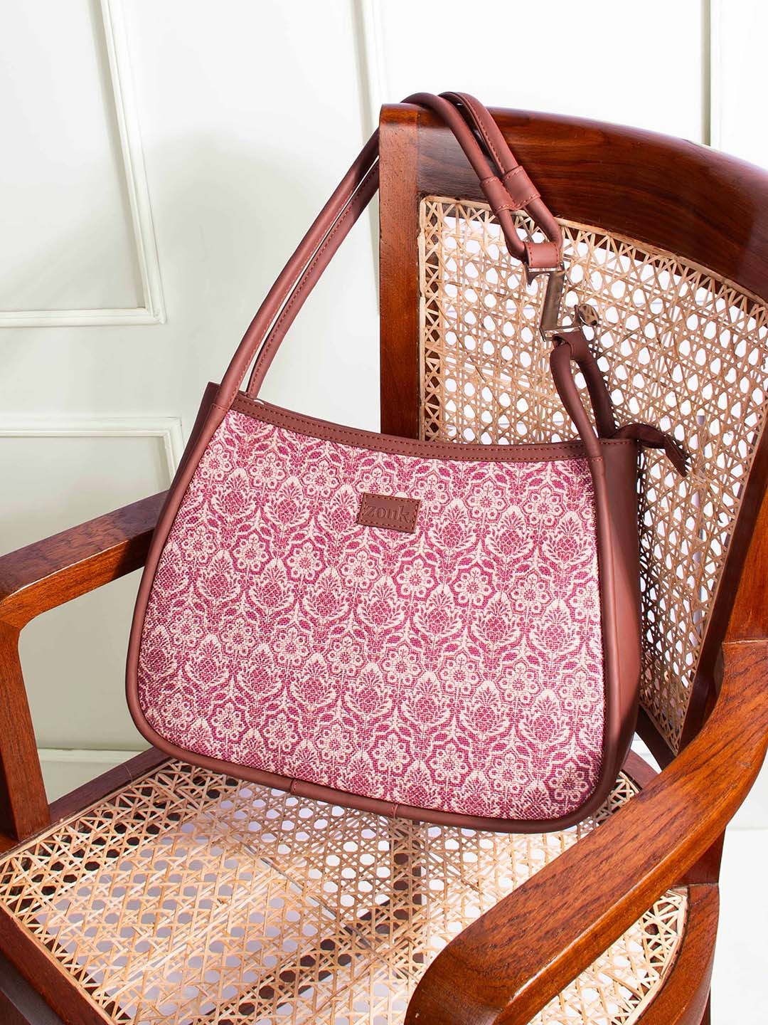 

ZOUK Floral Printed Structured Vegan Leather Shoulder Bag, Pink