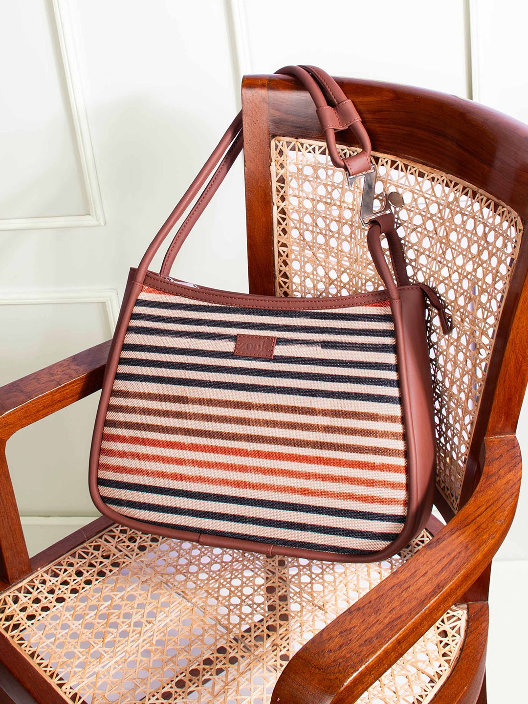 

ZOUK Qutub Striped Oversized Structured Hobo Bag, Brown