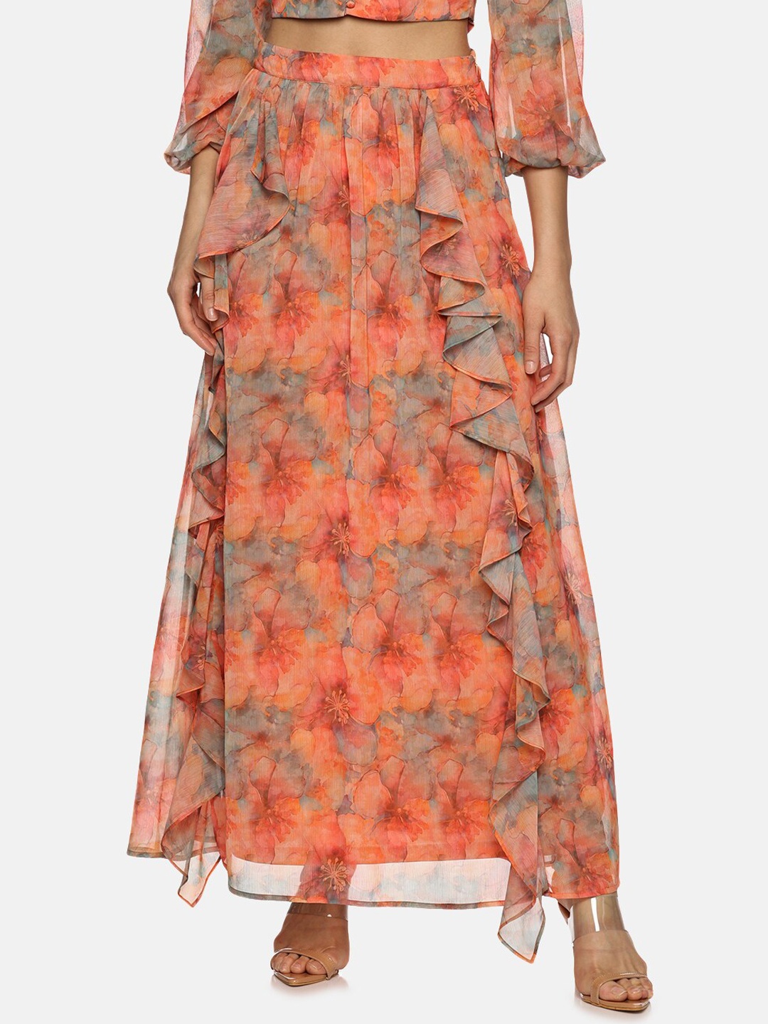

ISU Printed Flared Maxi Skirt, Orange
