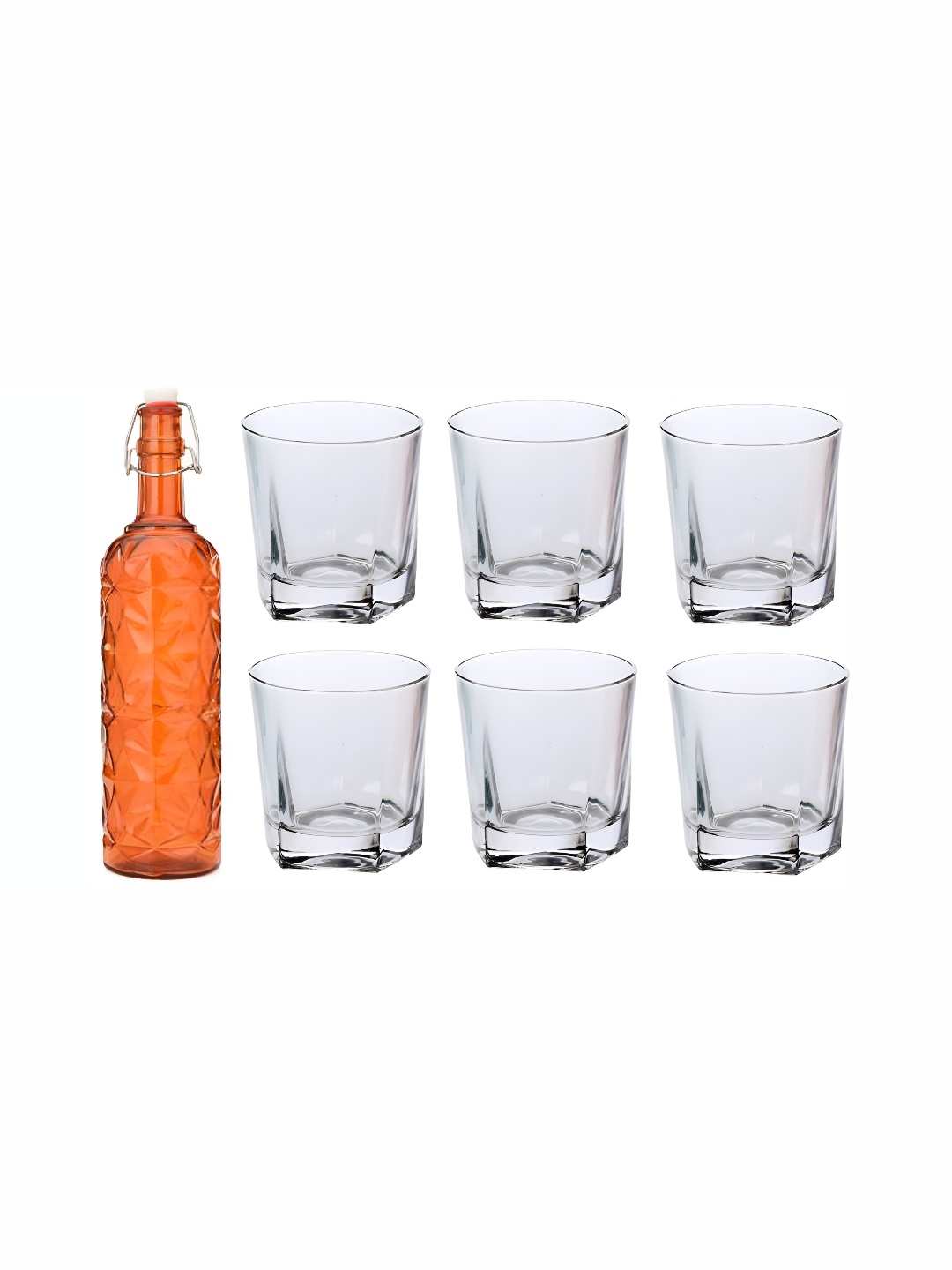 

1ST TIME Orange Coloured & Transparent 7 Pieces Bottle & Glasses Set