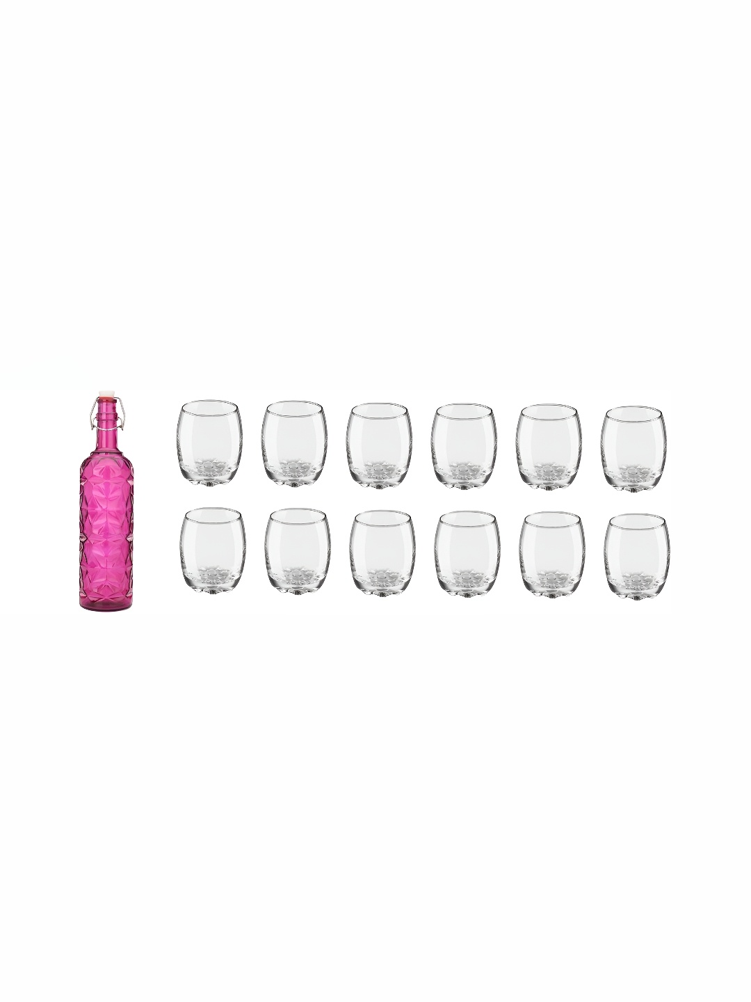 

1ST TIME Pink & Transparent 13Pcs Textured Glass Easy to Handle Bottle & Glasses Set