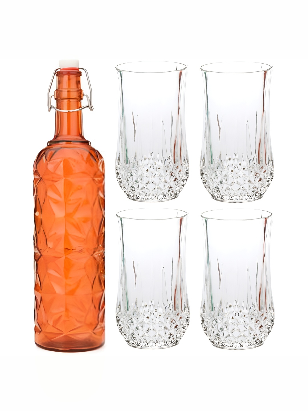 

1ST TIME Orange Coloured & Transparent 5 Pieces Bottle & Brandy Glass