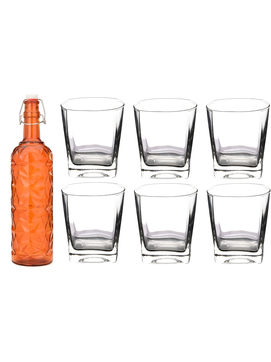 

1ST TIME Orange Coloured & Transparent 7 Pieces Bottle & Whisky Glass