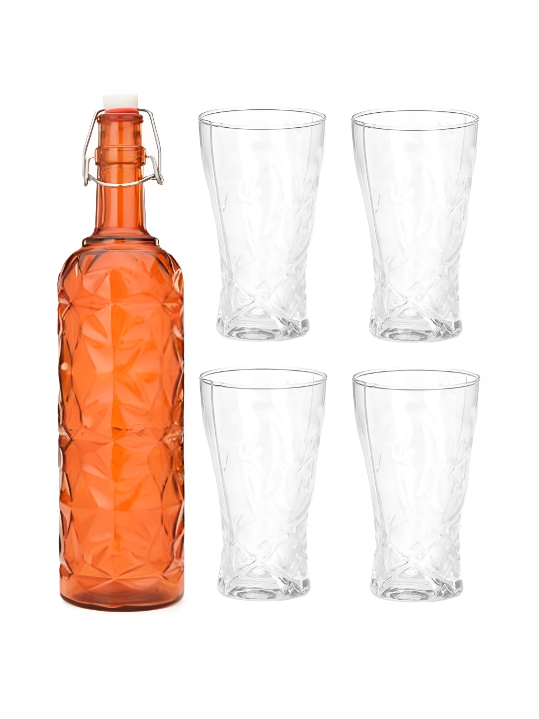 

1ST TIME Orange-Coloured & Transparent Water Bottle With 4 Pieces Glasses