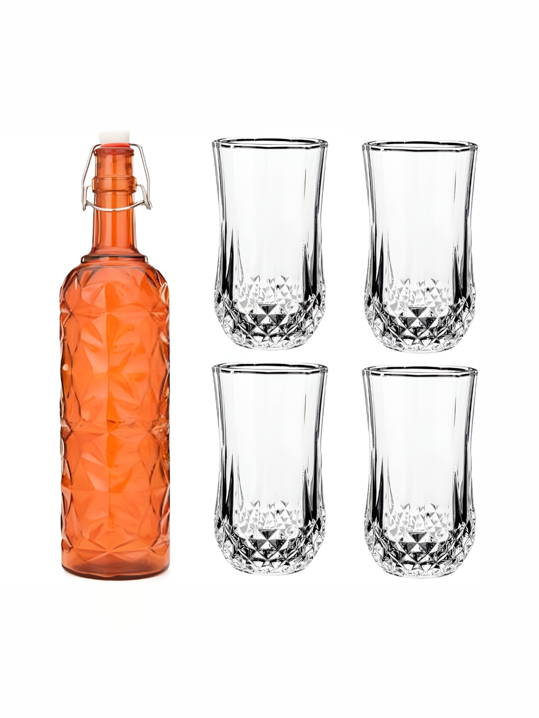 

1ST TIME Orange-Coloured & Transparent Water Bottle With 4 Pieces Glasses