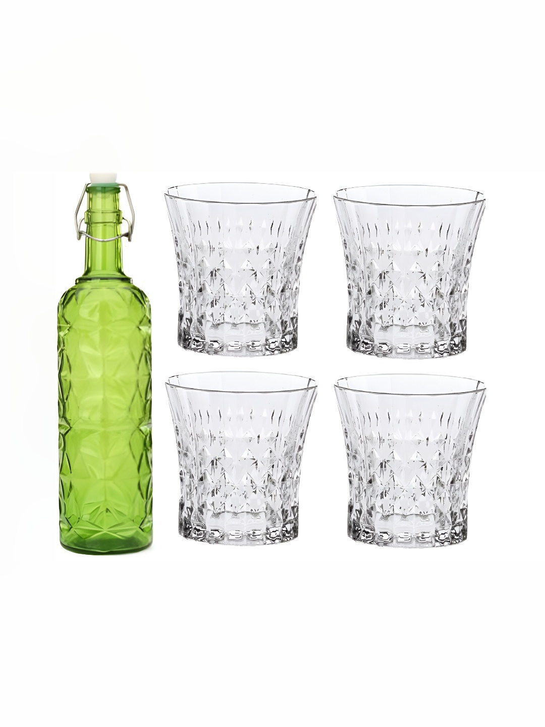 

1ST TIME Green & Transparent Water Bottle With 4 Pieces Glass