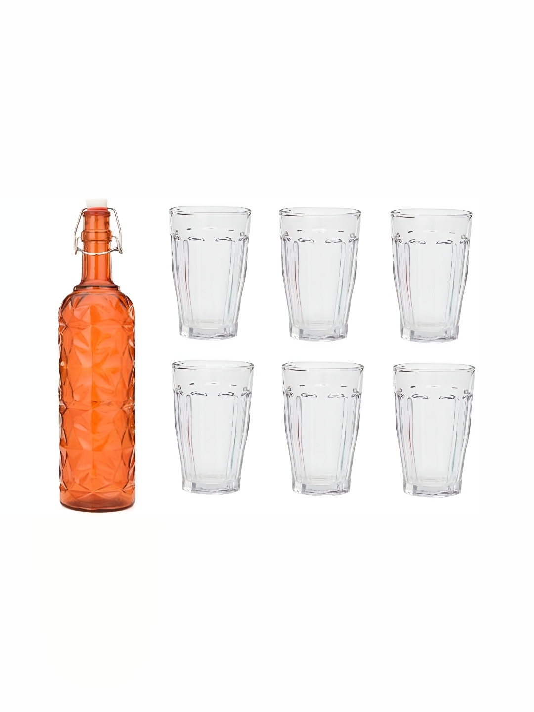 

1ST TIME Orange & Transparent 7Pcs Textured Glass Easy to Handle Bottle & Glasses Set