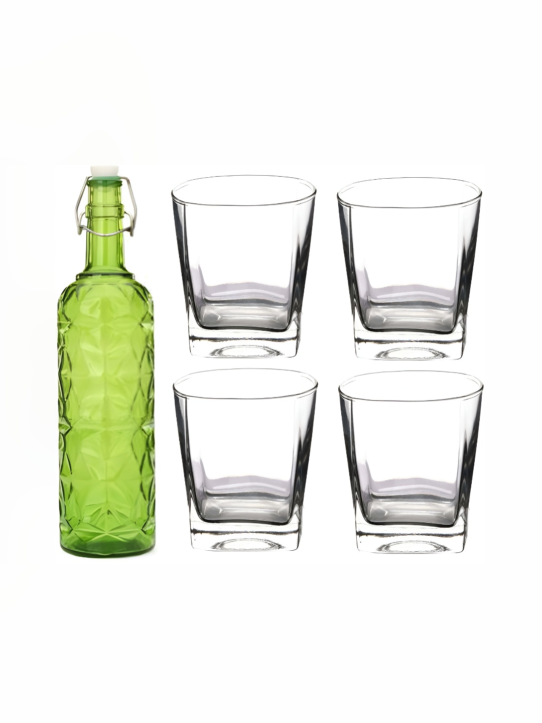 

1ST TIME Green & Transparent Water Bottle With 4 Pieces Glass