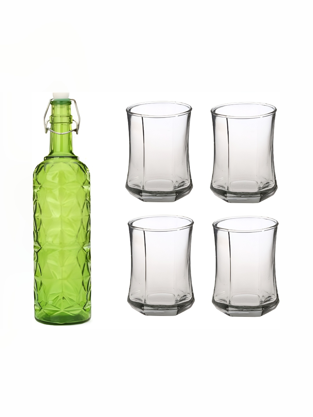 

1ST TIME Green & Transparent Water Bottle With 4 Pieces Glass