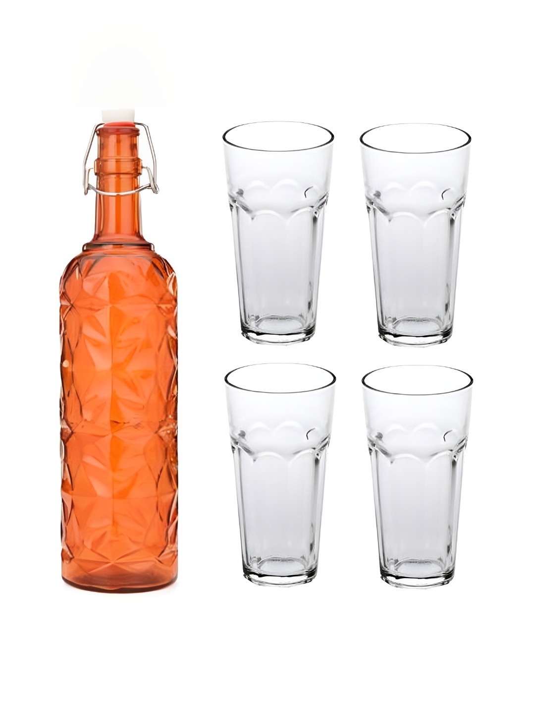 

1ST TIME Orange & Transparent 5Pcs Textured Glass Easy to Handle Bottle & Glasses Set