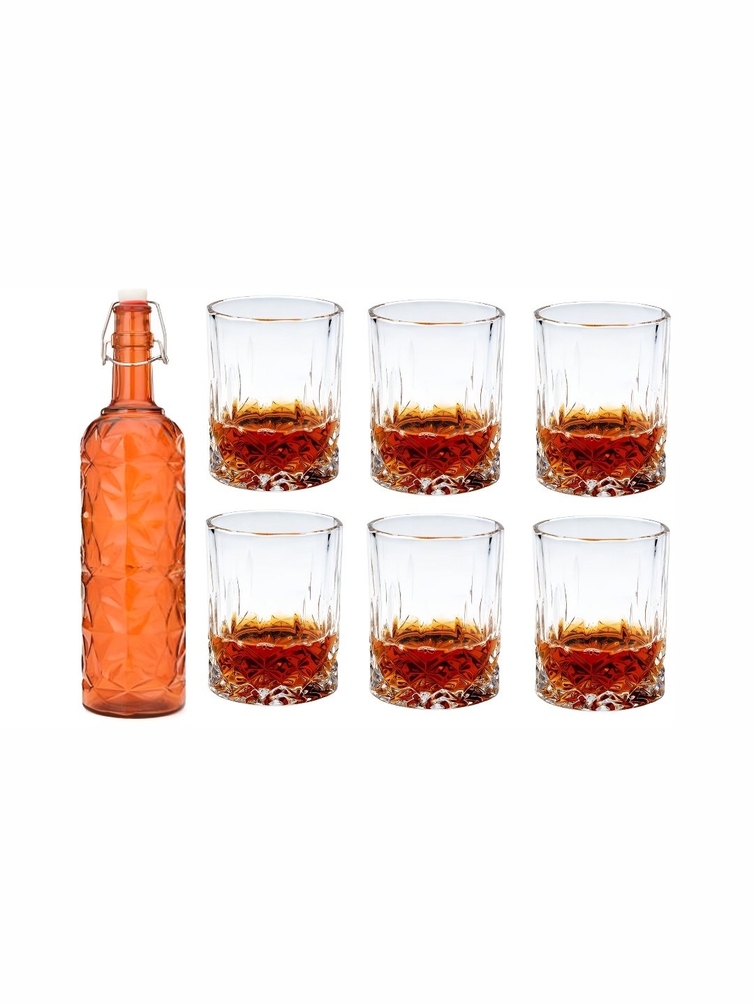 

1ST TIME Orange-Coloured & Transparent 7 Pieces Textured Whisky Glasses & Bottle