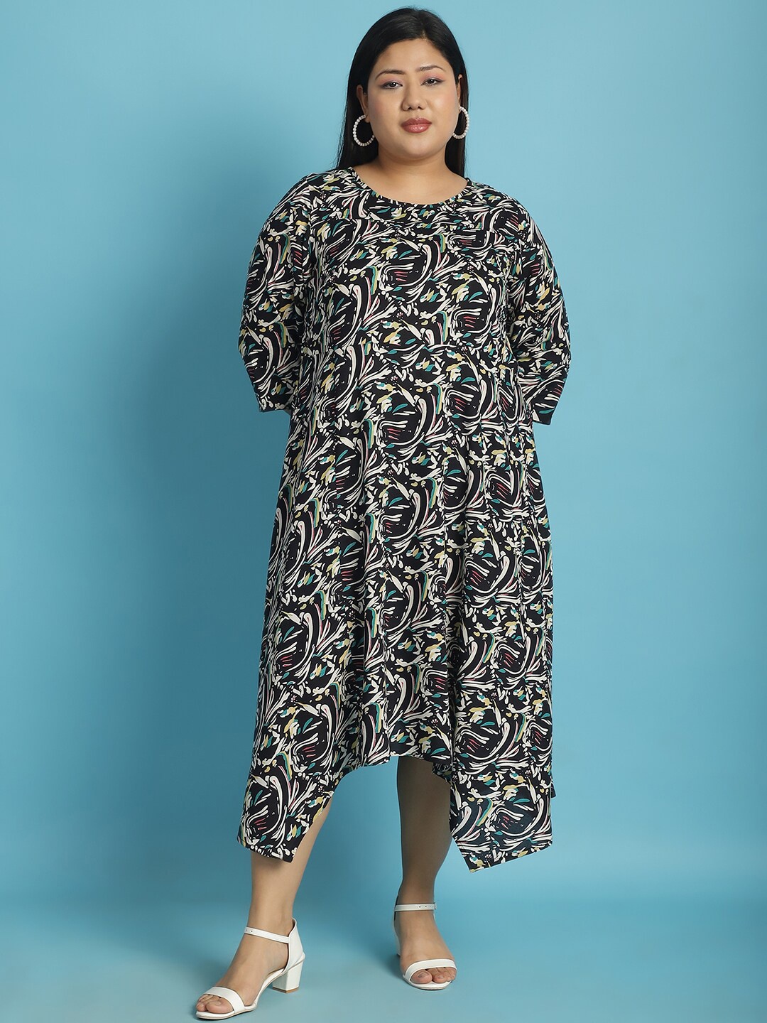 

theRebelinme Ethnic Motifs Print Plus Size A-Line Midi Dress, Black