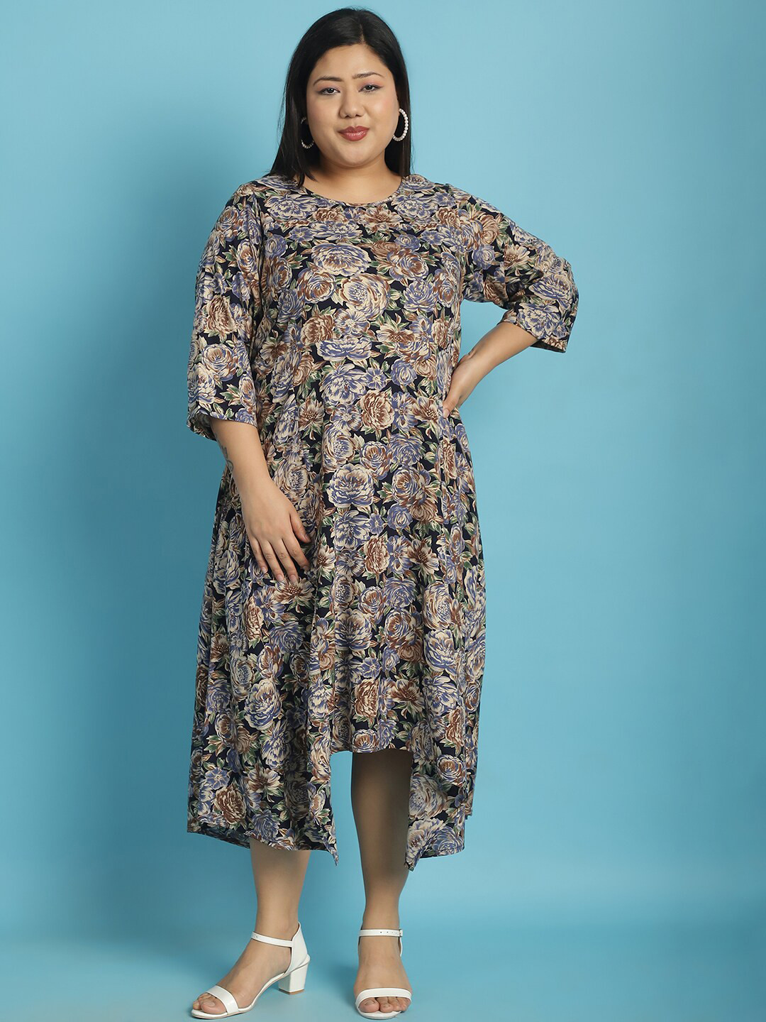 

theRebelinme Floral Print A-Line Midi Dress, Navy blue