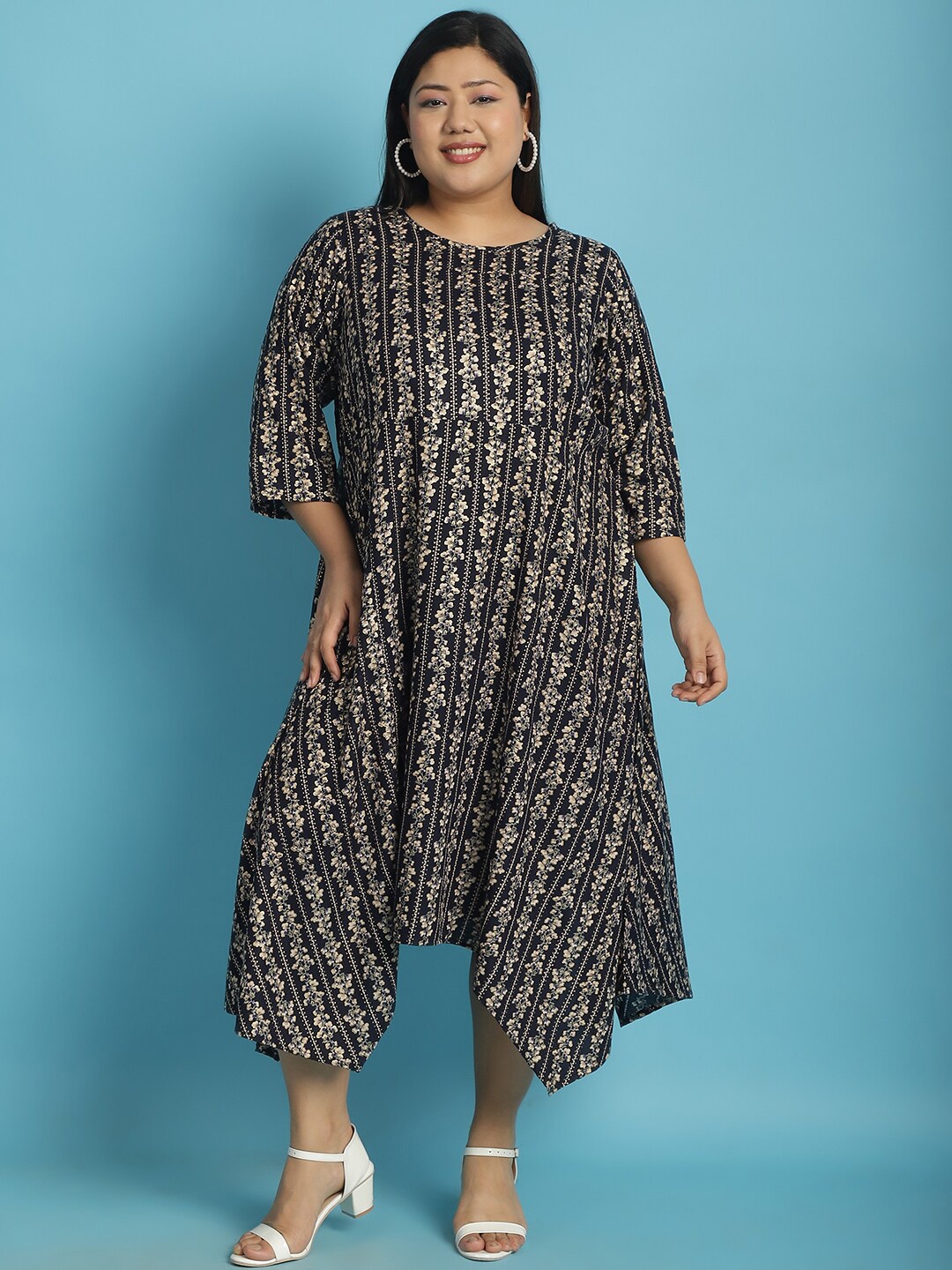 

theRebelinme Print Plus Size A-Line Midi Dress, Navy blue