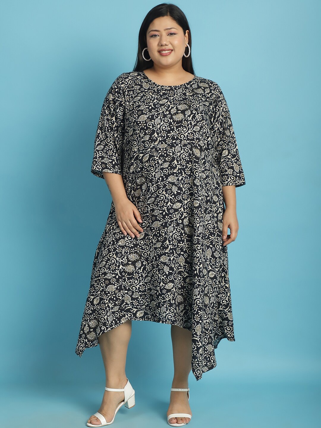 

theRebelinme Floral Print Plus Size A-Line Midi Dress, Black