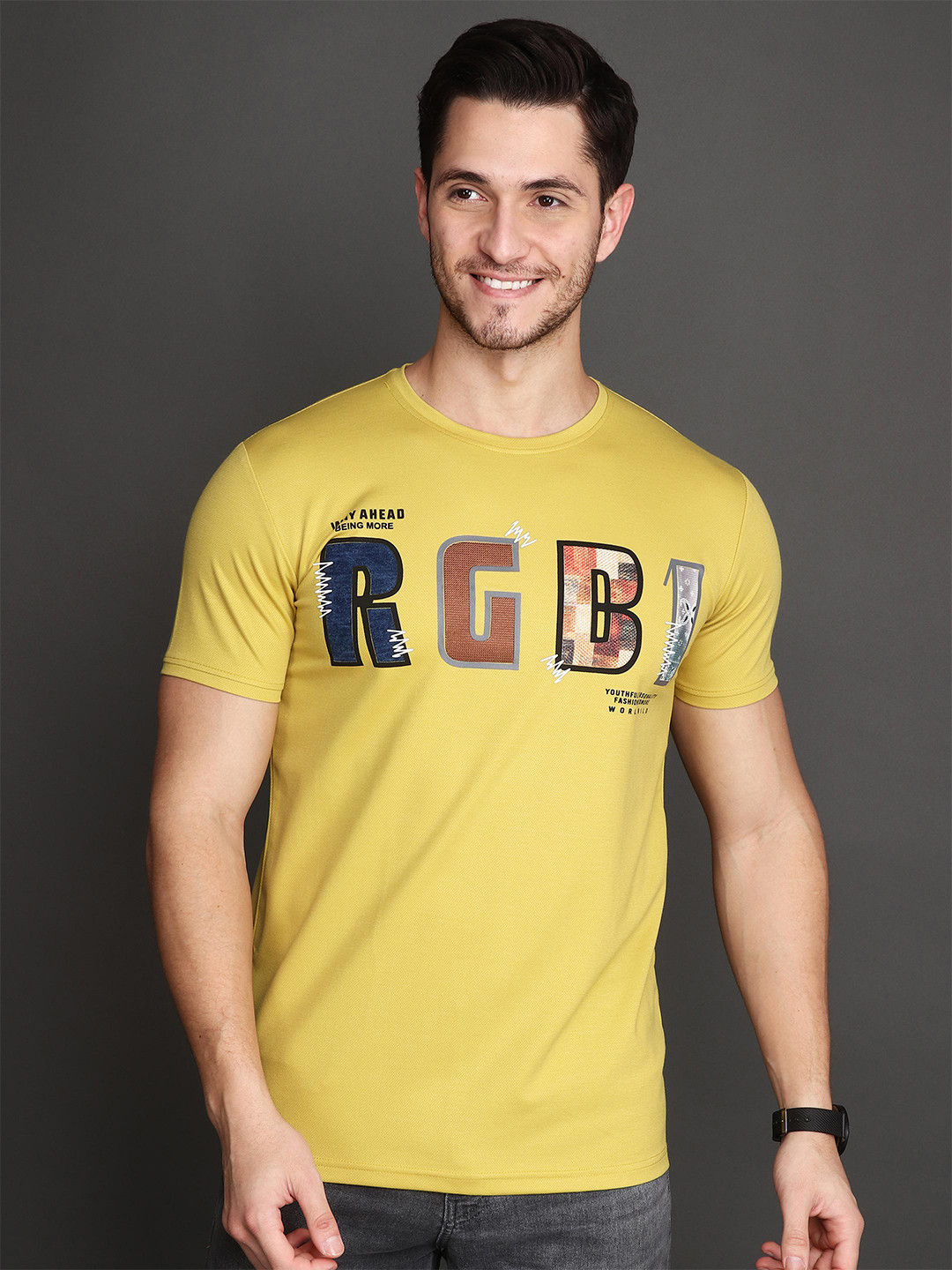 

Albion Men Typography Printed Applique T-shirt, Mustard