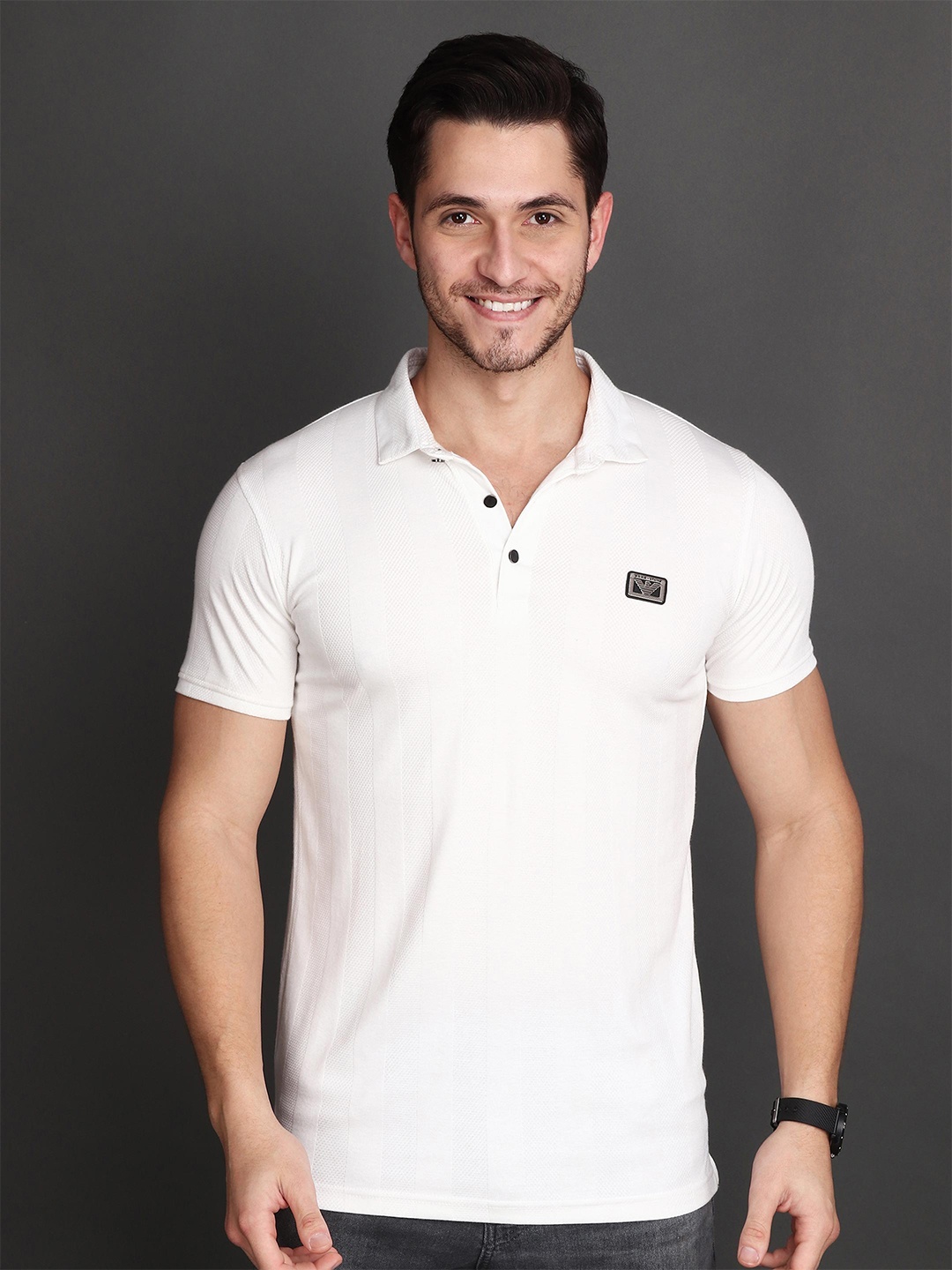 

Albion Men Polo Collar Applique T-shirt, White