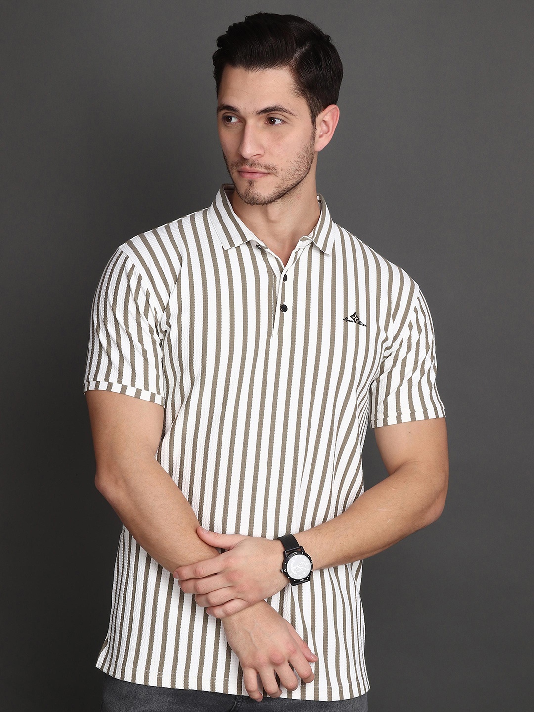 

Albion Men Striped Polo Collar Pockets T-shirt, Green