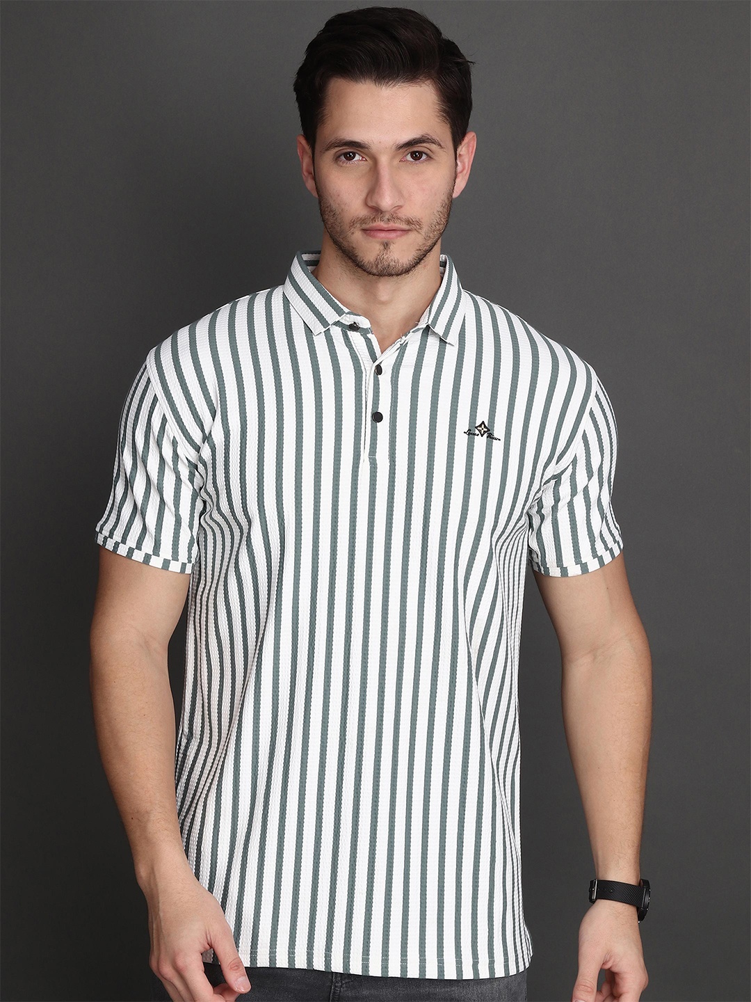 

Albion Men Striped Polo Collar Pockets T-shirt, Green