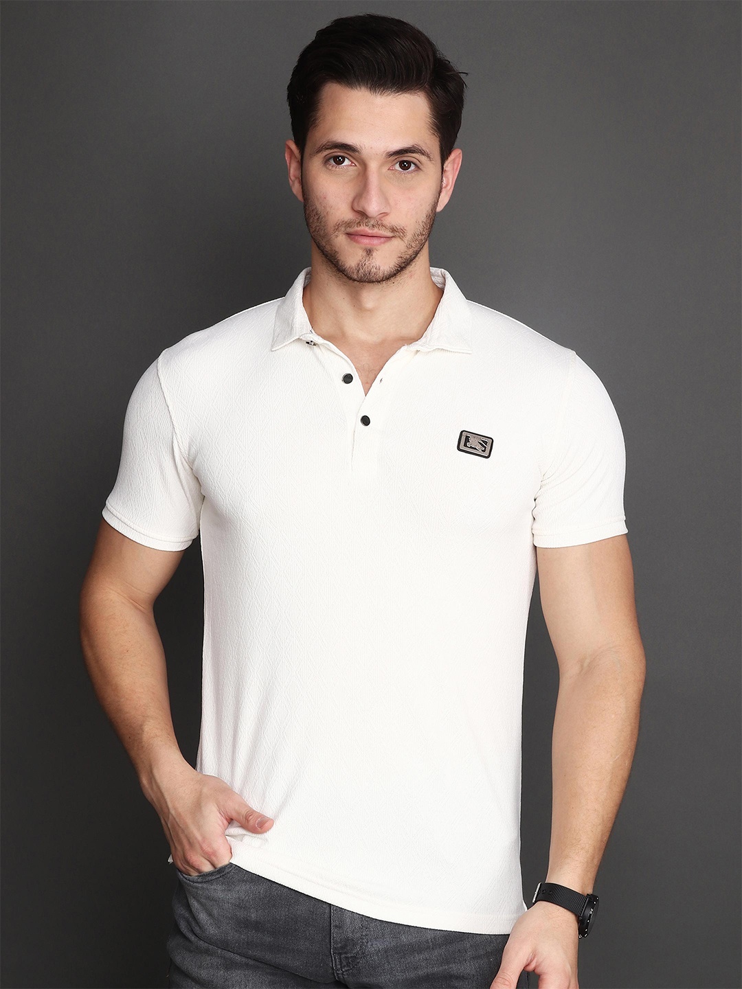 

Albion Men Polo Collar Applique T-shirt, White