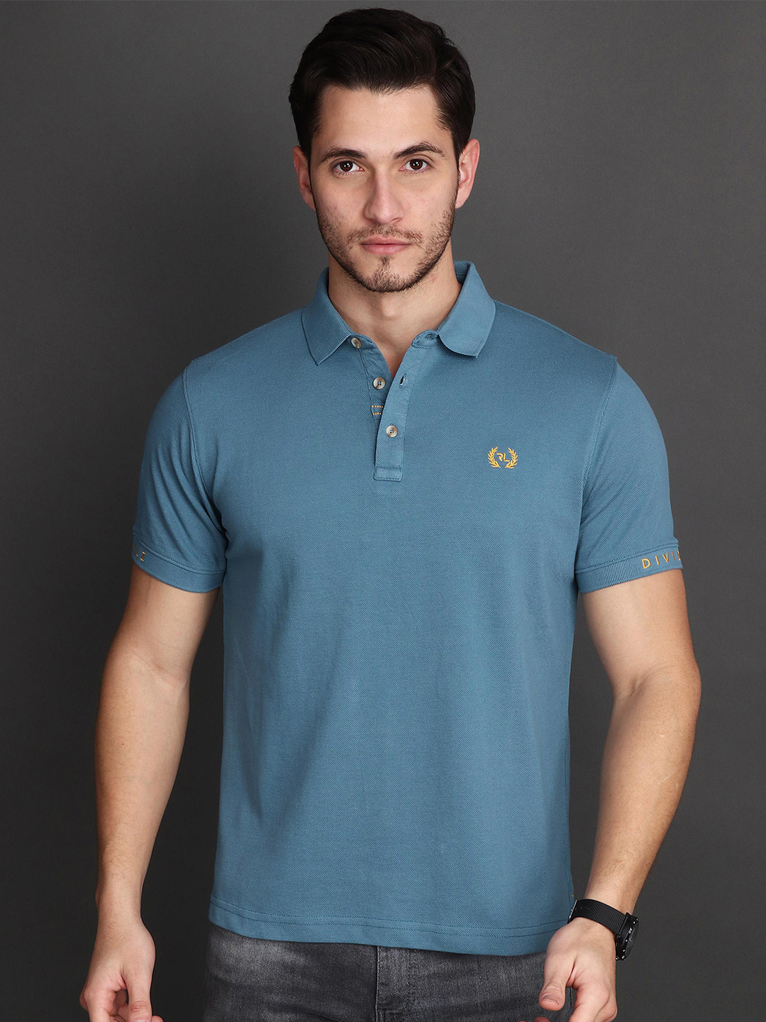 

Albion Men Polo Collar Applique T-shirt, Blue