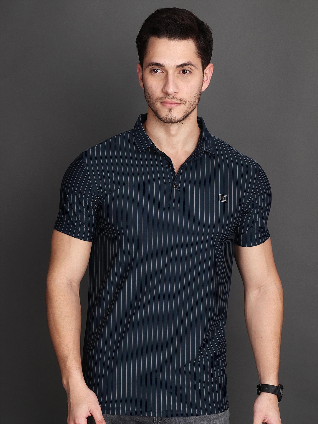 

Albion Men Striped Polo Collar Pockets T-shirt, Blue