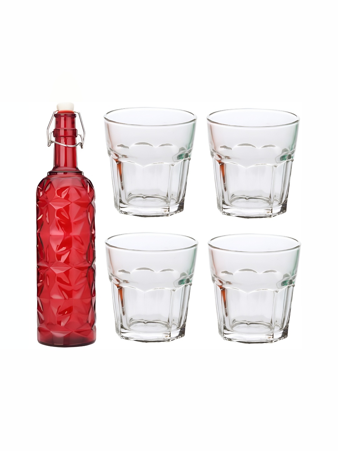 

1ST TIME Red & Transparent 5 Pieces Textured Bottle & Glasses Set