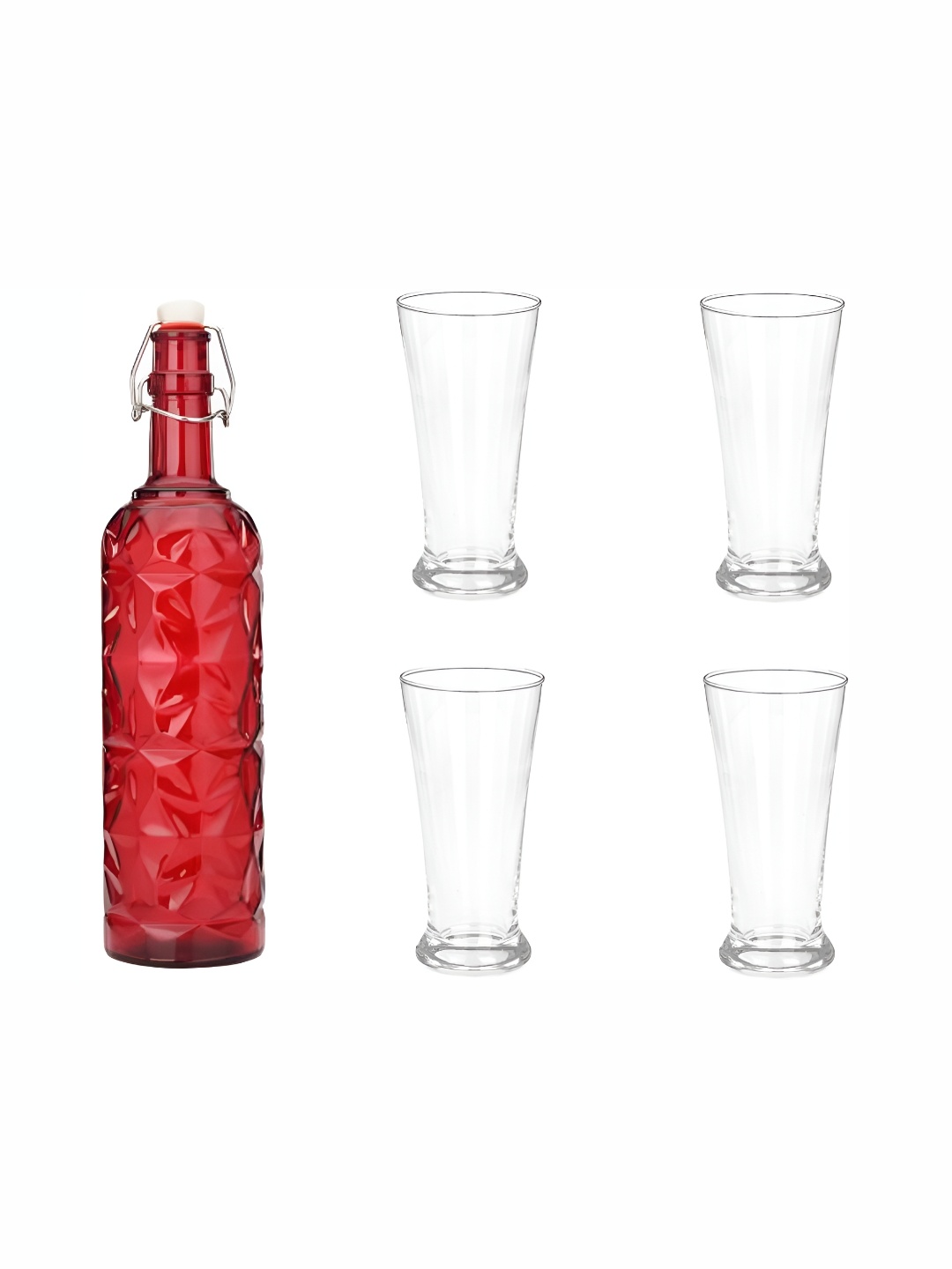 

1ST TIME Red & Transparent 5 Pieces Textured Water Bottle With Glass