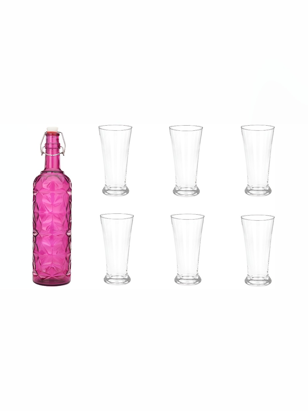 

1ST TIME Pink & Transparent 7 Pieces Textured Glass Dishwasher Safe Water Bottle & Glasses